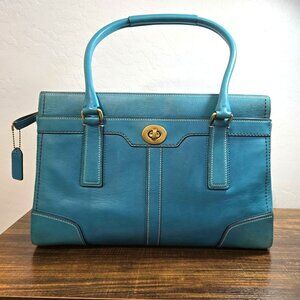 Vintage Coach Hampton Turn Lock Teal/Turquoise Leather Carry All Satchel Bag